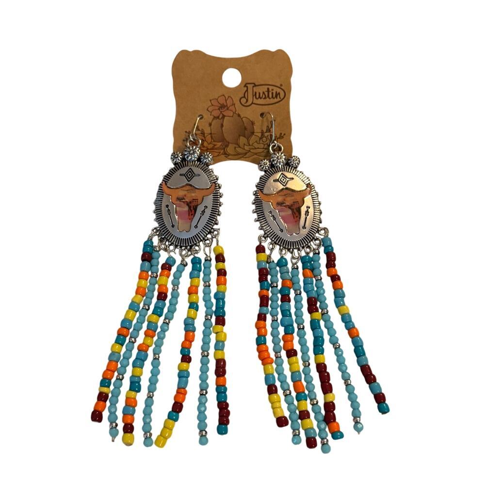 Justin Women's Bull Head Beaded Earings Western Fringe Multicolor Turquoise